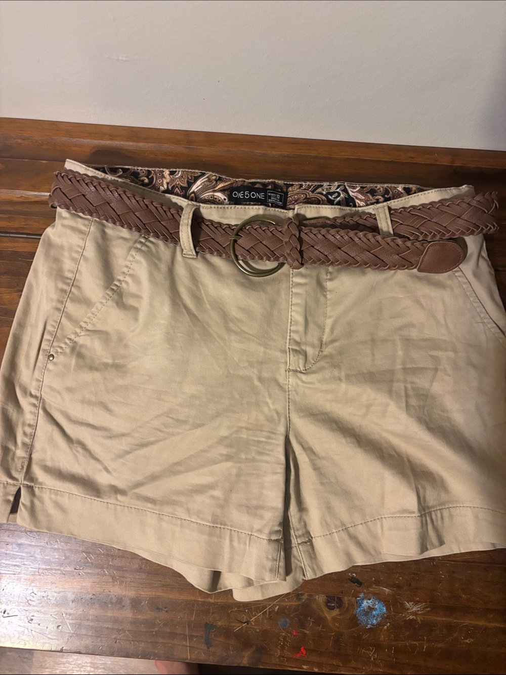 Light Khaki Women's Bermuda Shorts with Braided Brown Belt size 10